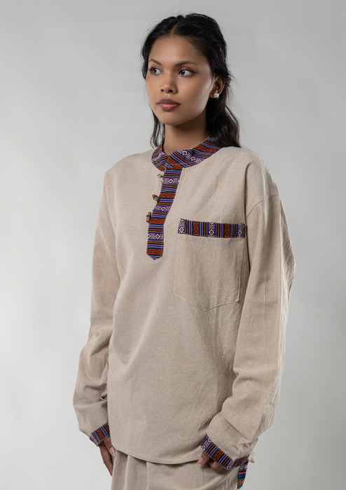 Bhutanese Pattern Cotton Kurta Shirt - Beige
