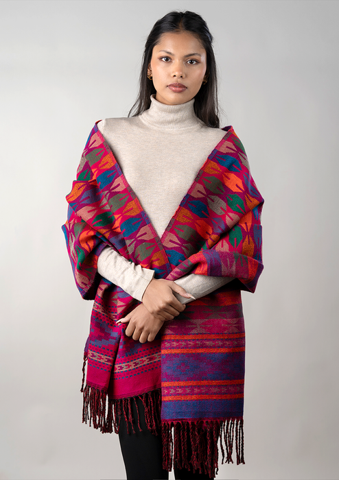 Hand loomed Nepali Dhaka Patterned Woolen Shawl- Rani Pink