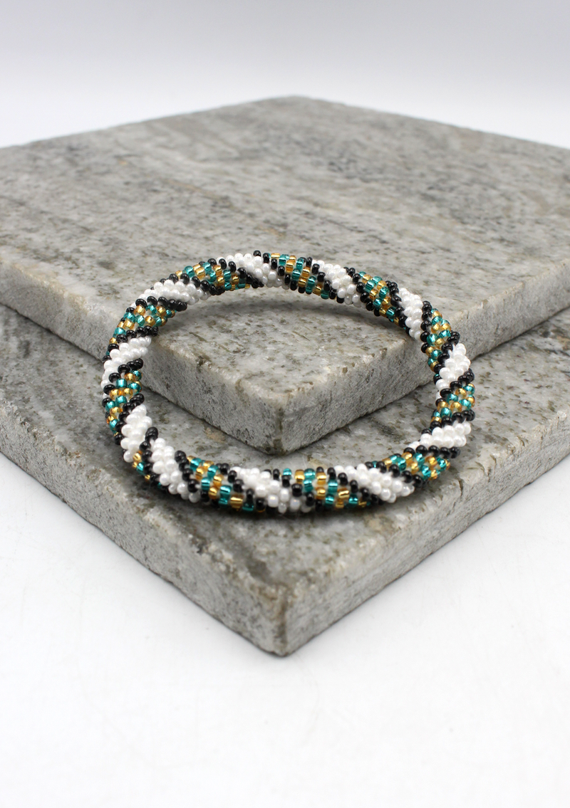 Black and White Gold Stripe Nepalese Roll on Beads Bracelet