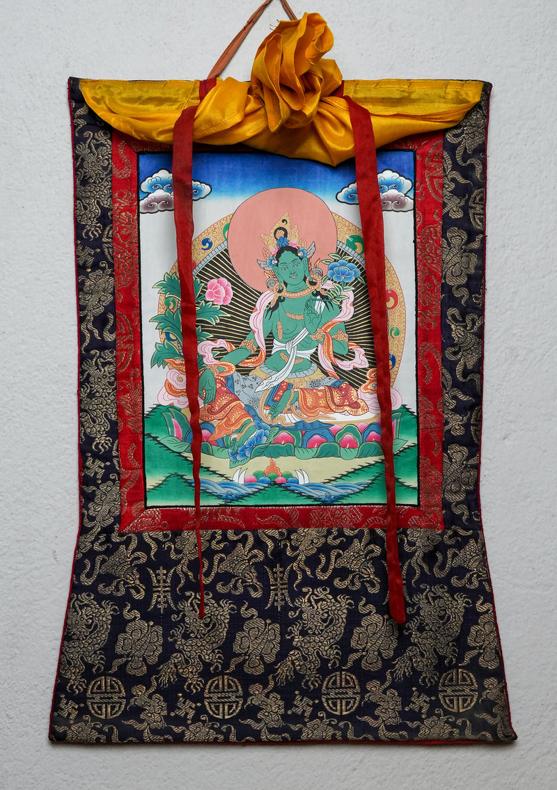 Green Tara Thangka Painting with Brocde