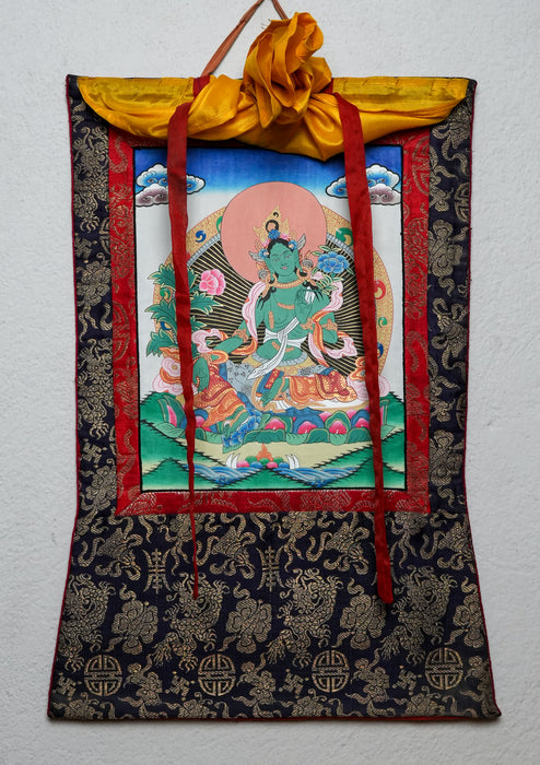 Green Tara Thangka Painting with Brocde