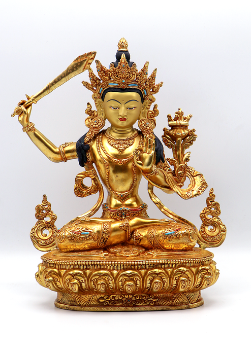 God  of Wisdom 24 K Gold  Manjushree Copper Statue 12.5"H