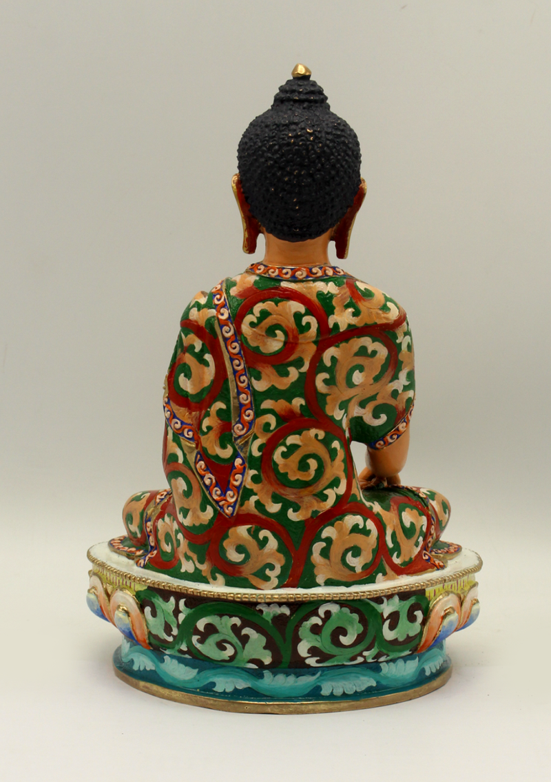 Partly Gold Plated Floral Motif Painted Shakyamuni Buddha Statue 8"H