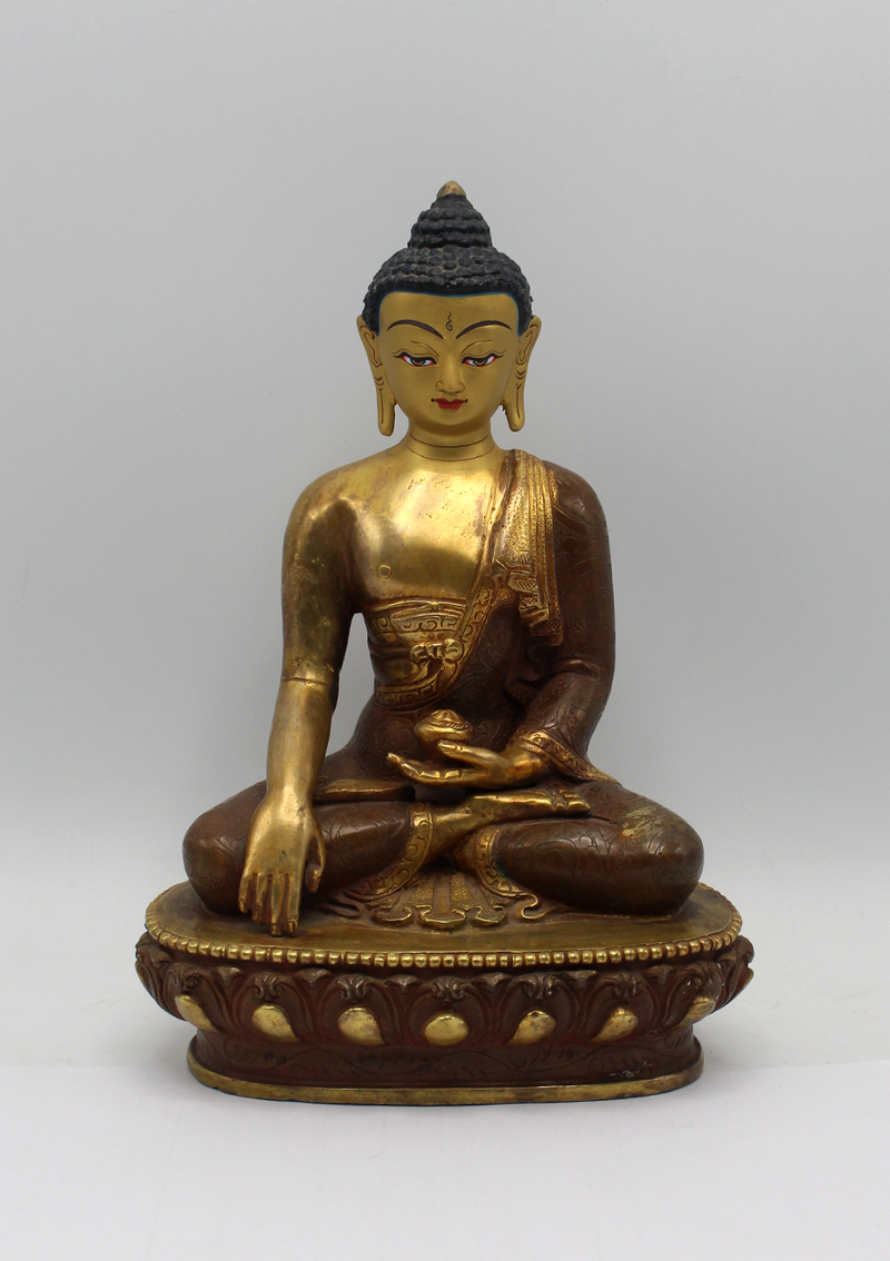 Partly Gold Plated Copper Shakyamuni Buddha Statue 8" H
