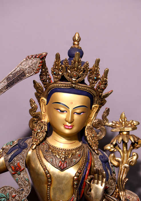 Mastercrafted Silver Filigree Stone Inlaid Manjushri Statue 19"H