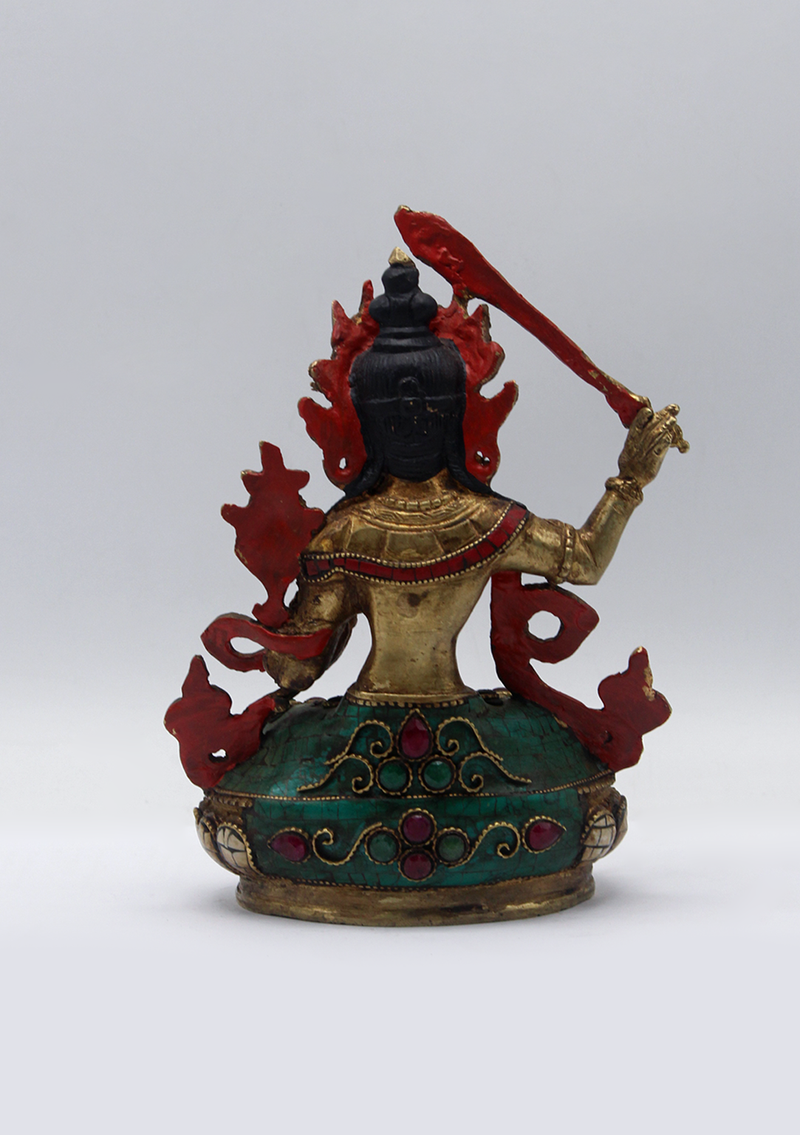 Stone Inlaid Copper Manjushri Statue 6.5"H