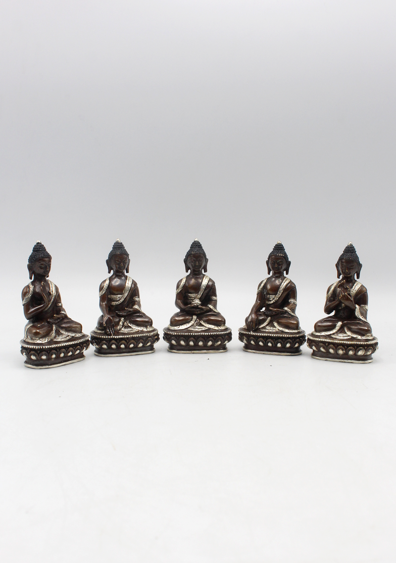 Copper Five Dhyani Buddhas with Silver Robe Statue, Panchha Buddha Statue
