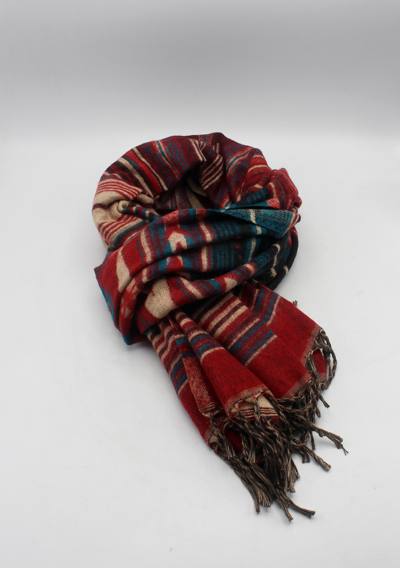 Hand loomed Red Blue Woolen Shawl Nepal- Nimrat