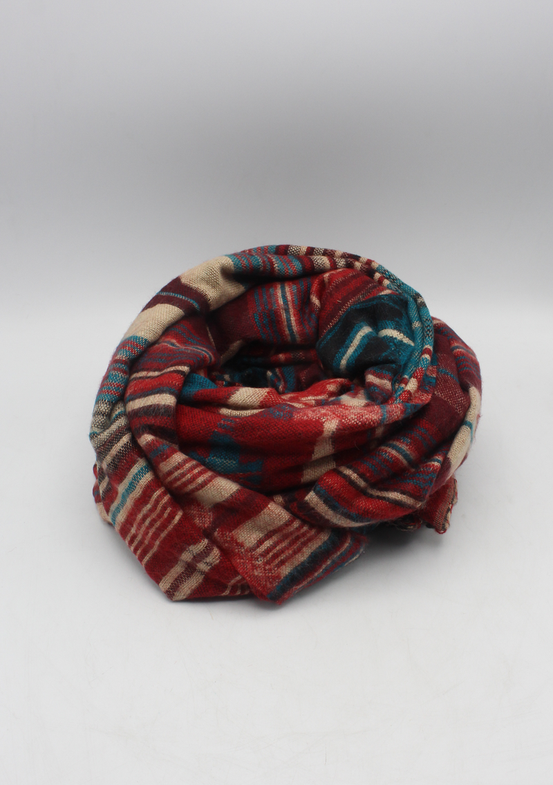 Hand loomed Red Blue Woolen Shawl Nepal- Nimrat