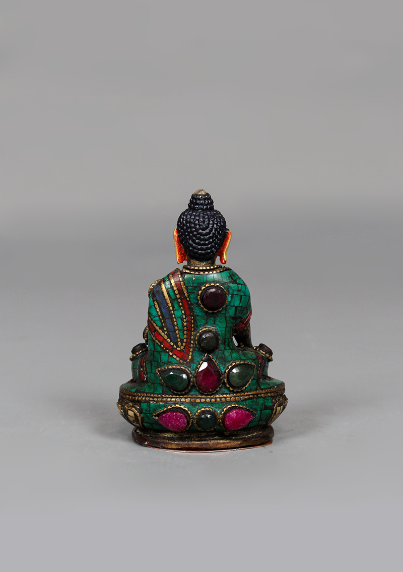 Stone Inlaid Copper Shakyamuni Buddha Statue 3.25" H