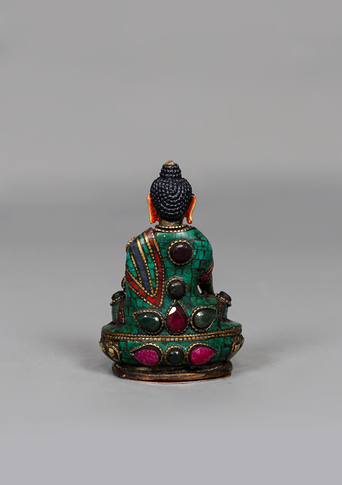 Stone Inlaid Copper Shakyamuni Buddha Statue 3.25" H
