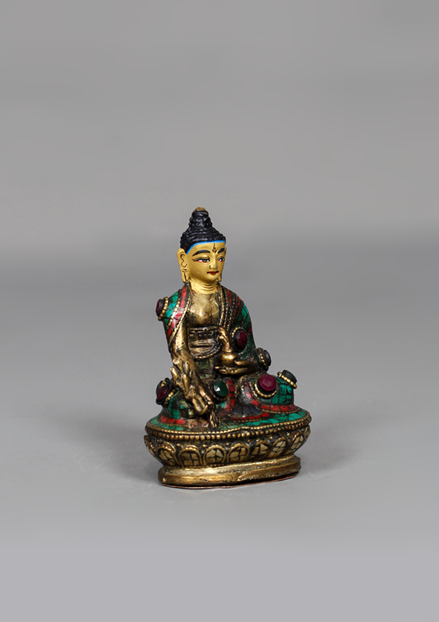 Stone Inlaid Copper Medicine Buddha Statue 3.25" H