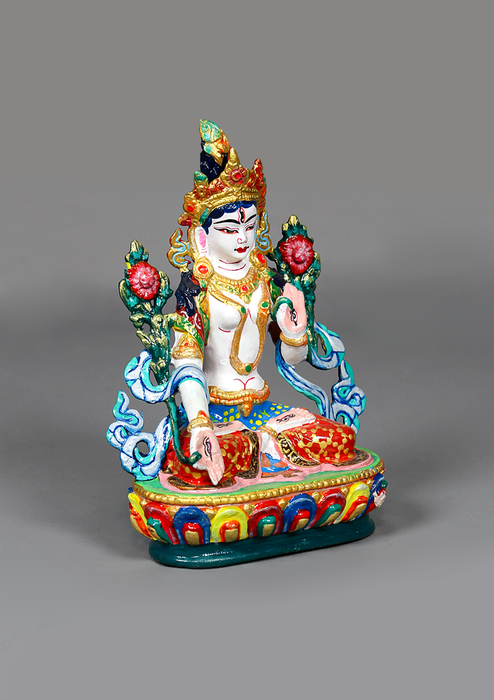Handpainted White Tara Copper Statue 6" H