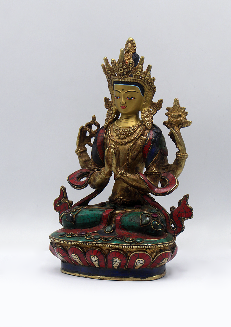 Stone Inlaid Copper Chenrezig Statue 9"H