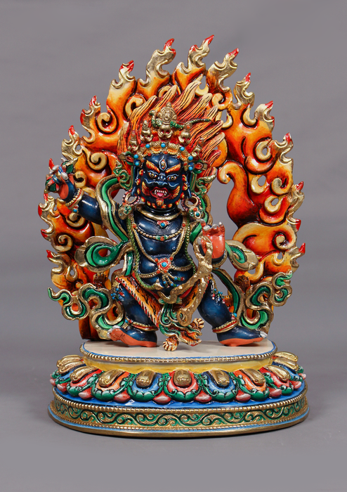 Handpainted Master Vajrapani Statue-Goldplated Copper 7.5" Himalayan Buddhist Protector