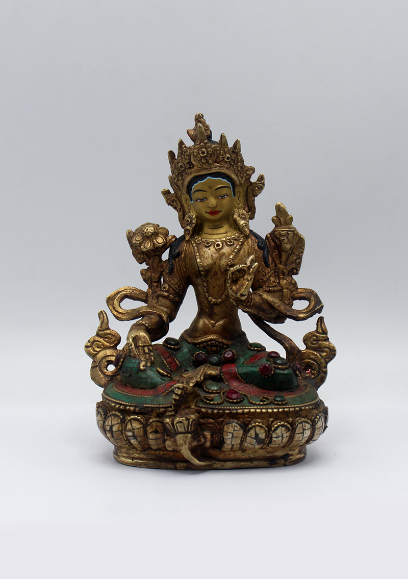 Stone Inlaid Copper Green Tara Statue 6"H (2)