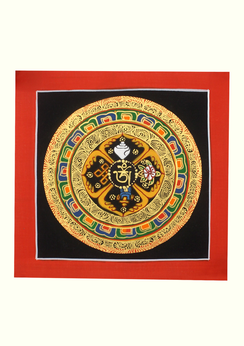 Tibetan Om Auspicious Symbols Hand Painted  Mini Thangka (E)