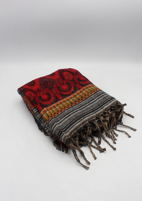 Hand loomed Maroon Blackand White Lined Woolen Shawl Nepal- Saugat