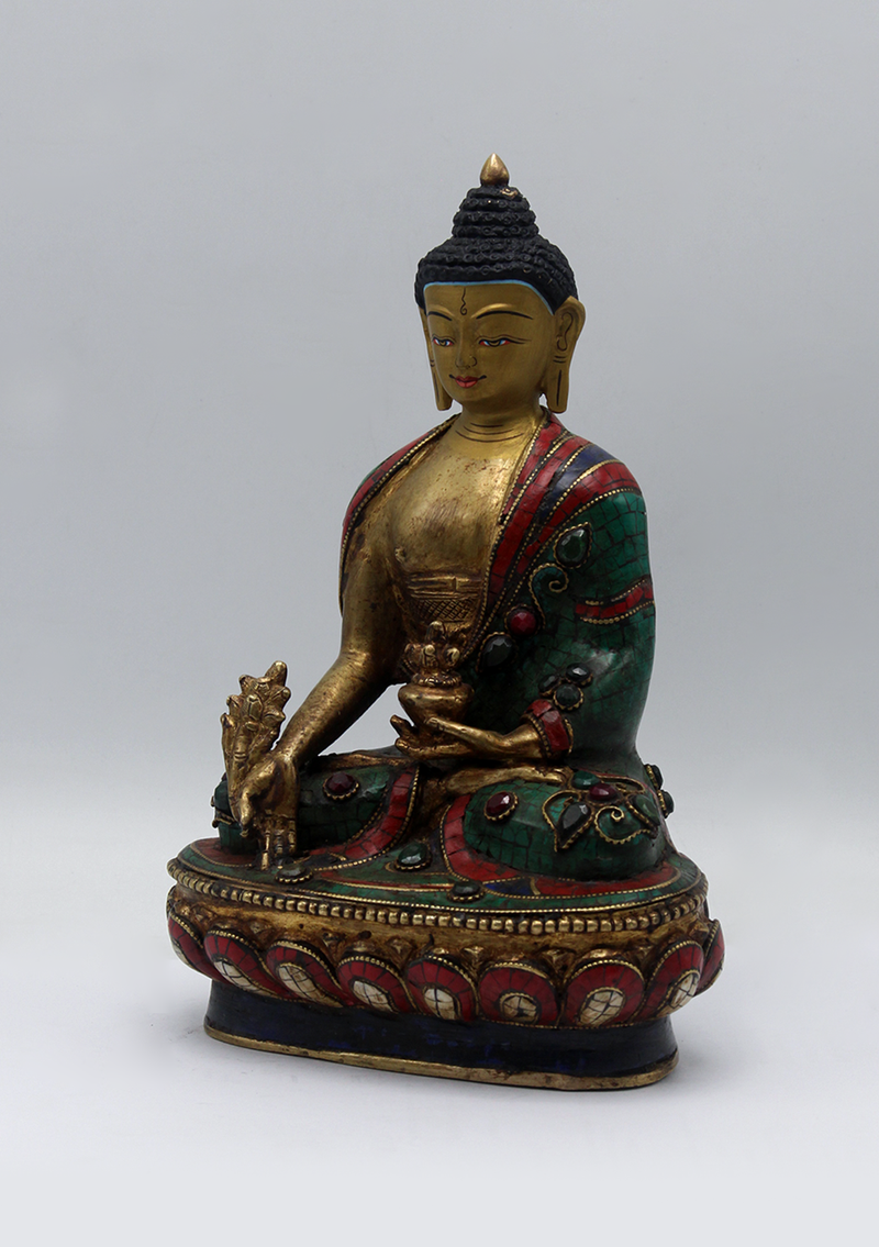 Stone Inlaid Copper Medicine Buddha Statue 8.5"H