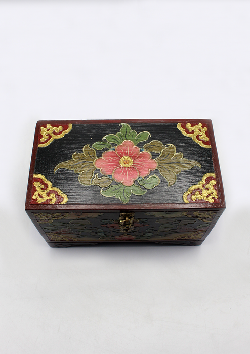 Handpainted Tibetan Flower Black Wooden Box with Parasol- Large