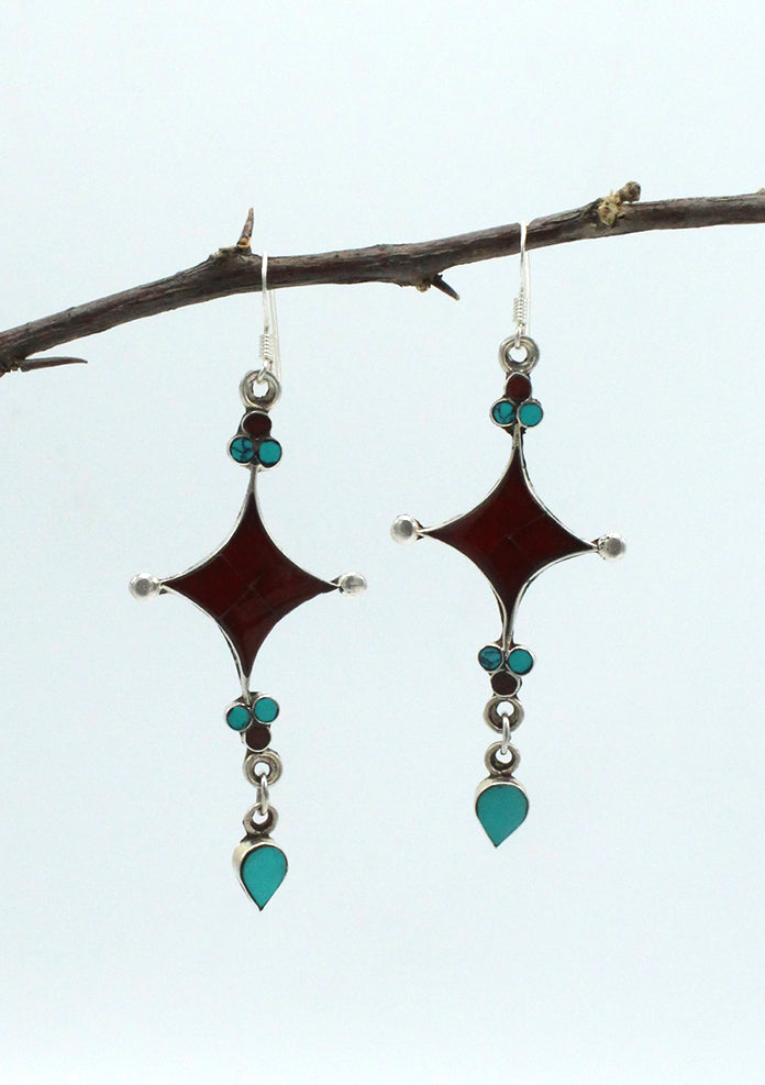 Sterling Silver Star Shaped Earrings with Inlaid Turquoise and Coral