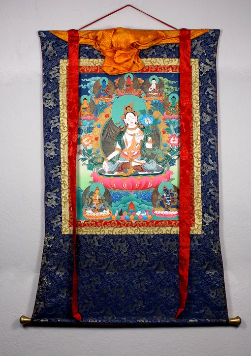 White Tara with Pancha Buddha Hongkong Silk Brocade Thangka Painting