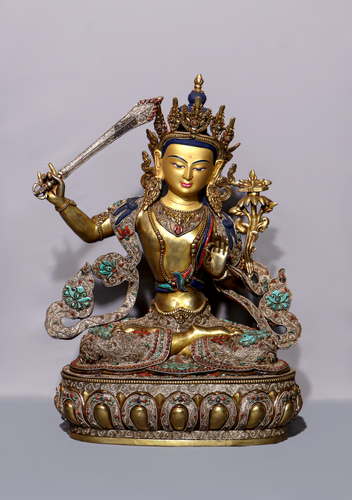 Mastercrafted Silver Filigree Stone Inlaid Manjushri Statue 19"H