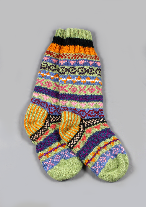 Handknitted Green and Pink Multicolor Woolen Knee High Socks