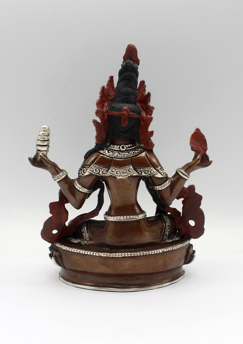 Copper Silver Inlaid Laxmi Statue 6" H