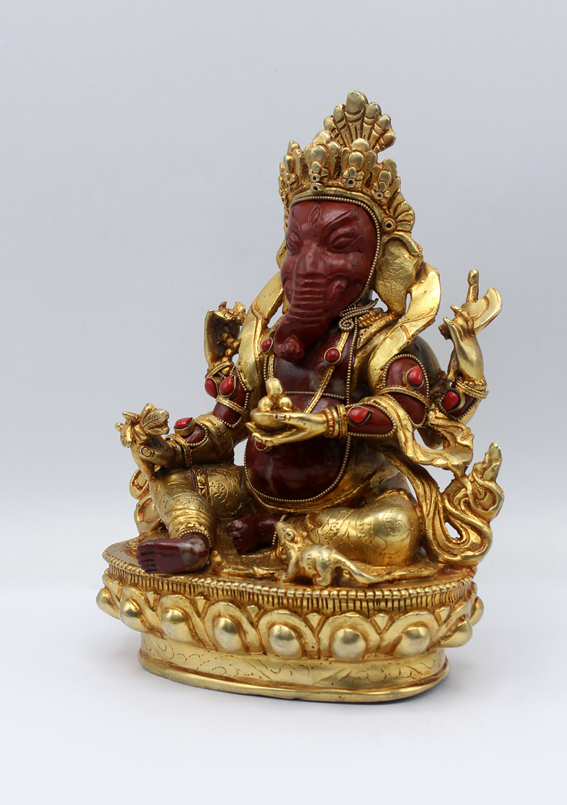 Coral  Jasper Gold Plated Ganesha Statue 8"H