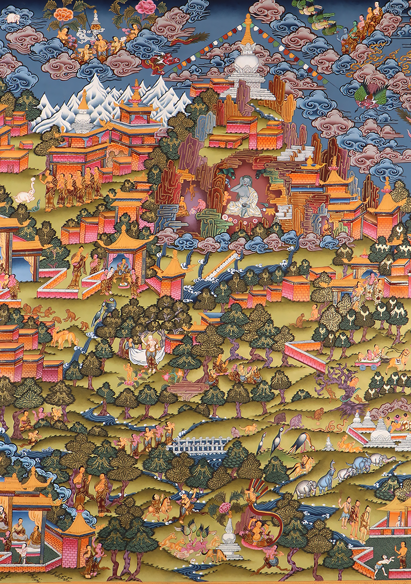 The Tale of Two Enlightened Beings Shakyamuni Buddha and Milarepa  Thangka Painting