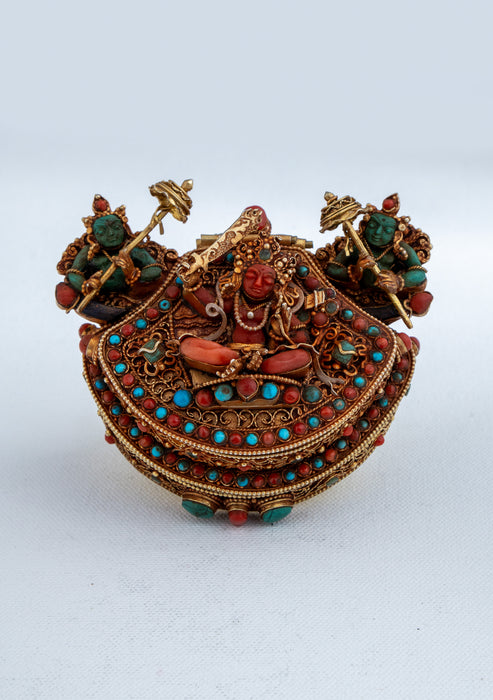 925 Silver  Sterling Tibetan 3 Step Ghau with Gold Plating - Manjushree, White Tara & Green Tara