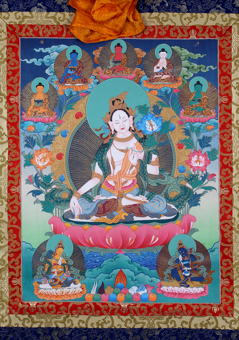 White Tara with Pancha Buddha Hongkong Silk Brocade Thangka Painting