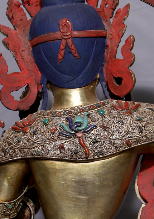 Mastercrafted Silver Filigree Stone Inlaid Manjushri Statue 19"H