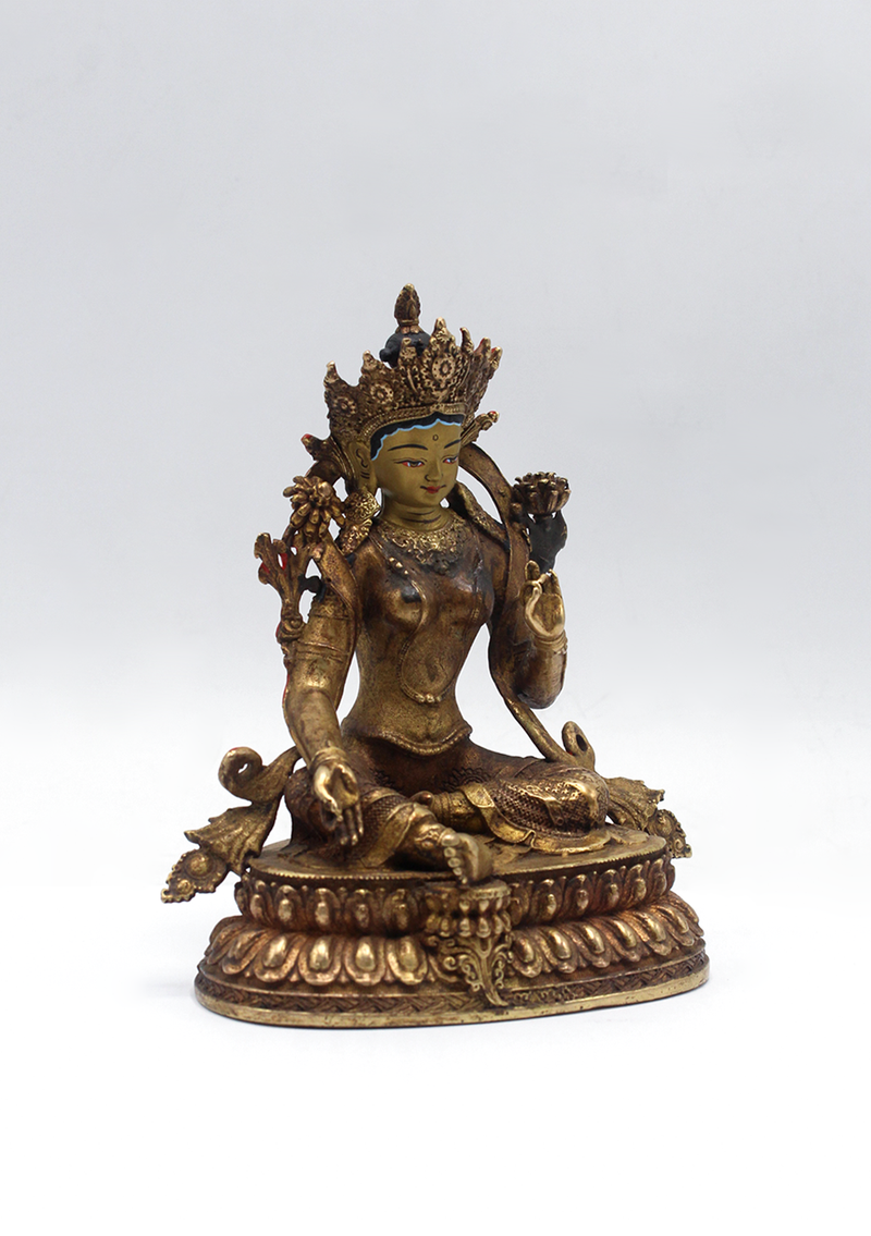Gold Plated Copper Green Tara Statue 5"H