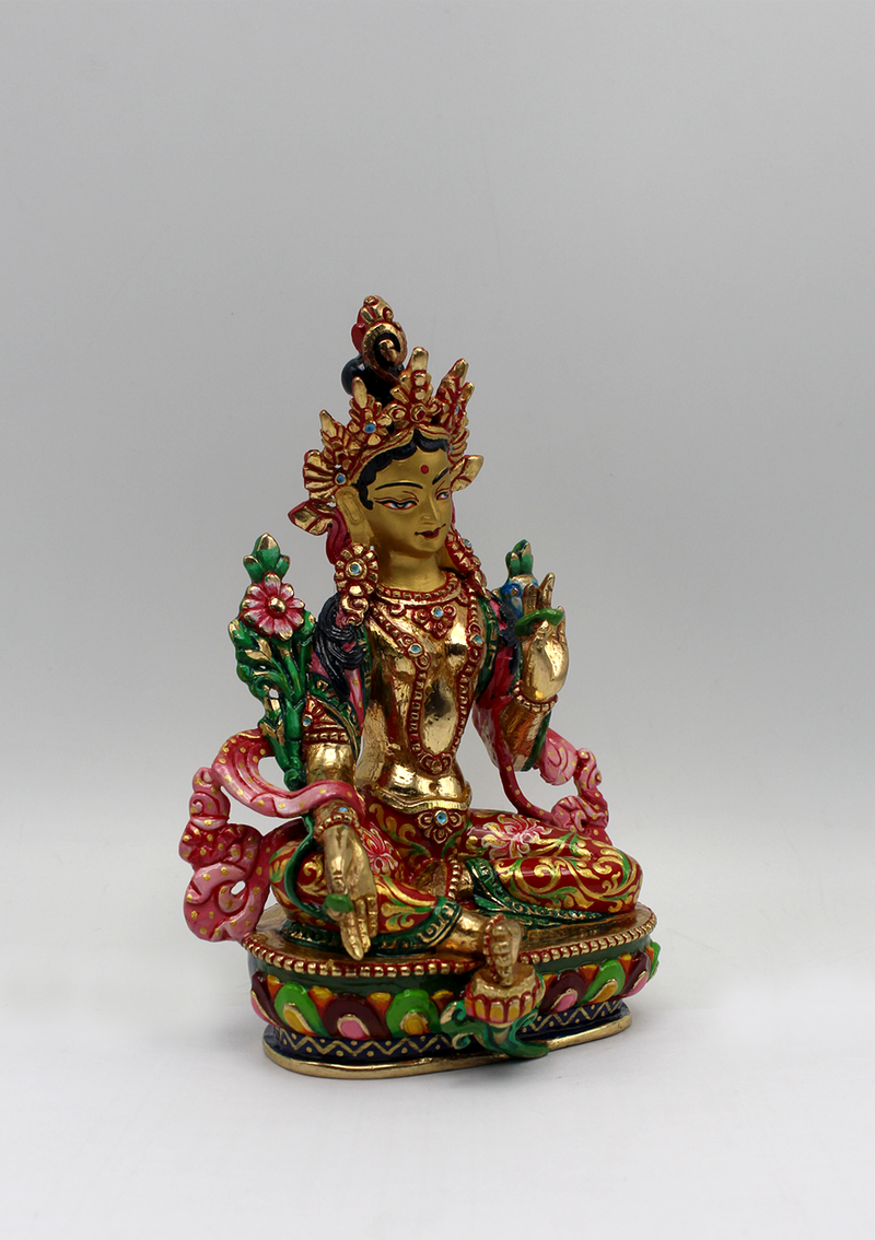 Hand Painted Gold Green Tara Statue 5.5" H