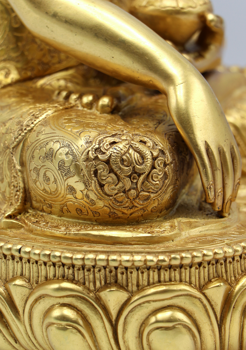 Eight Auspicious Symbols Carved Gold Plated Shakyamuni Buddha Statue 13" H