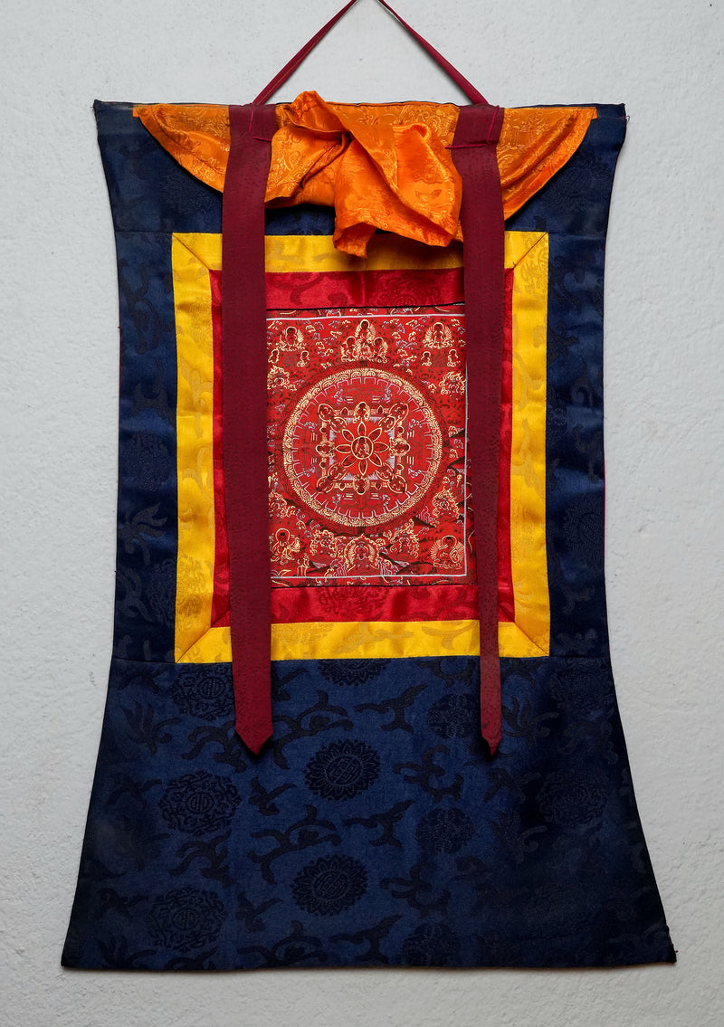 Red Mandala with Buddha Thangka Painting with Brocade