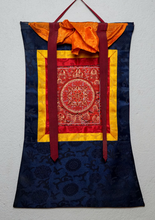 Red Mandala with Buddha Thangka Painting with Brocade