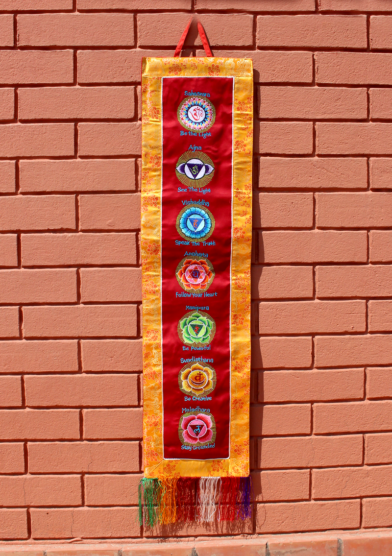 Seven Chakra Embroidery Brocade Framed Wall Hanging Banner