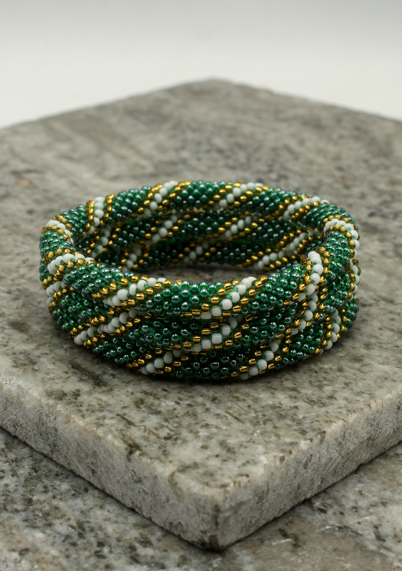 Green Gold White Stripe Roll on Beads Bracelet