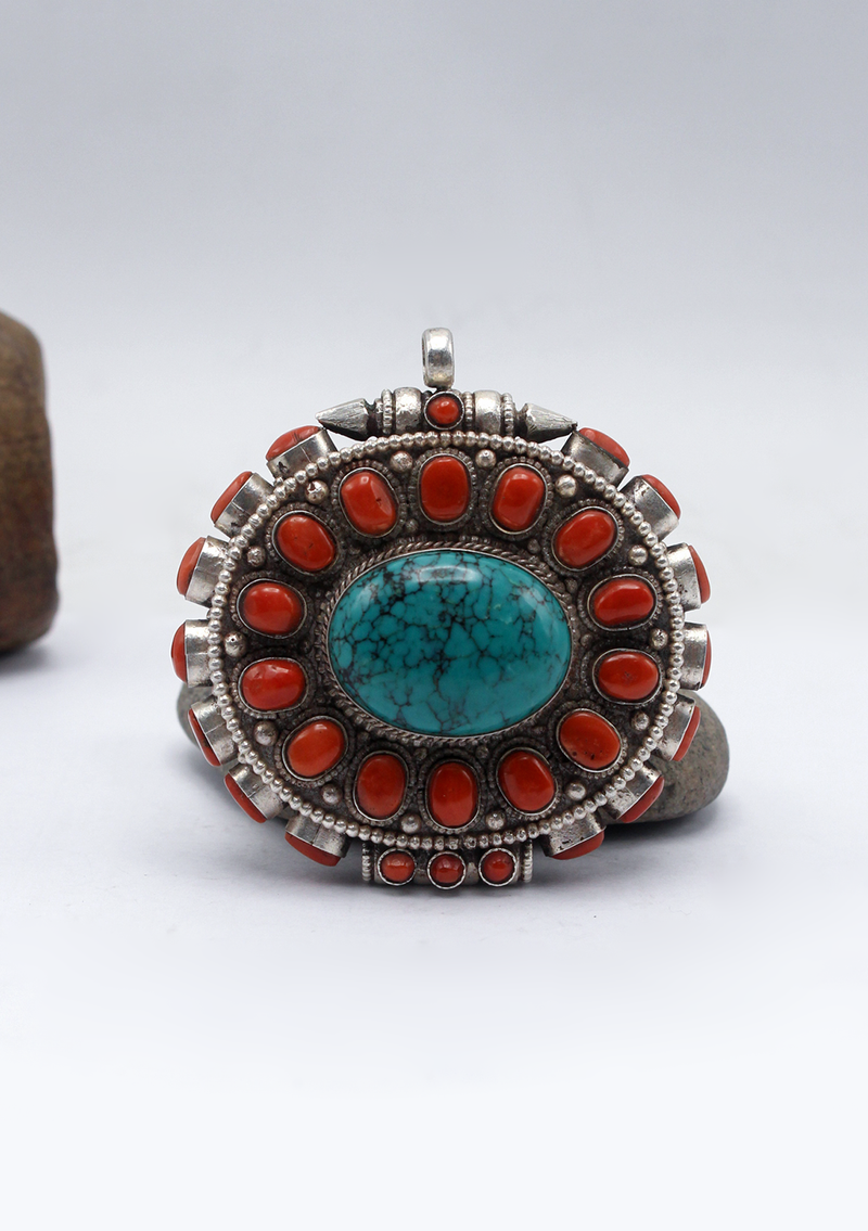 Handcrafted Tibetan Turquoise & Coral Silver Sterling Ghau Pendant