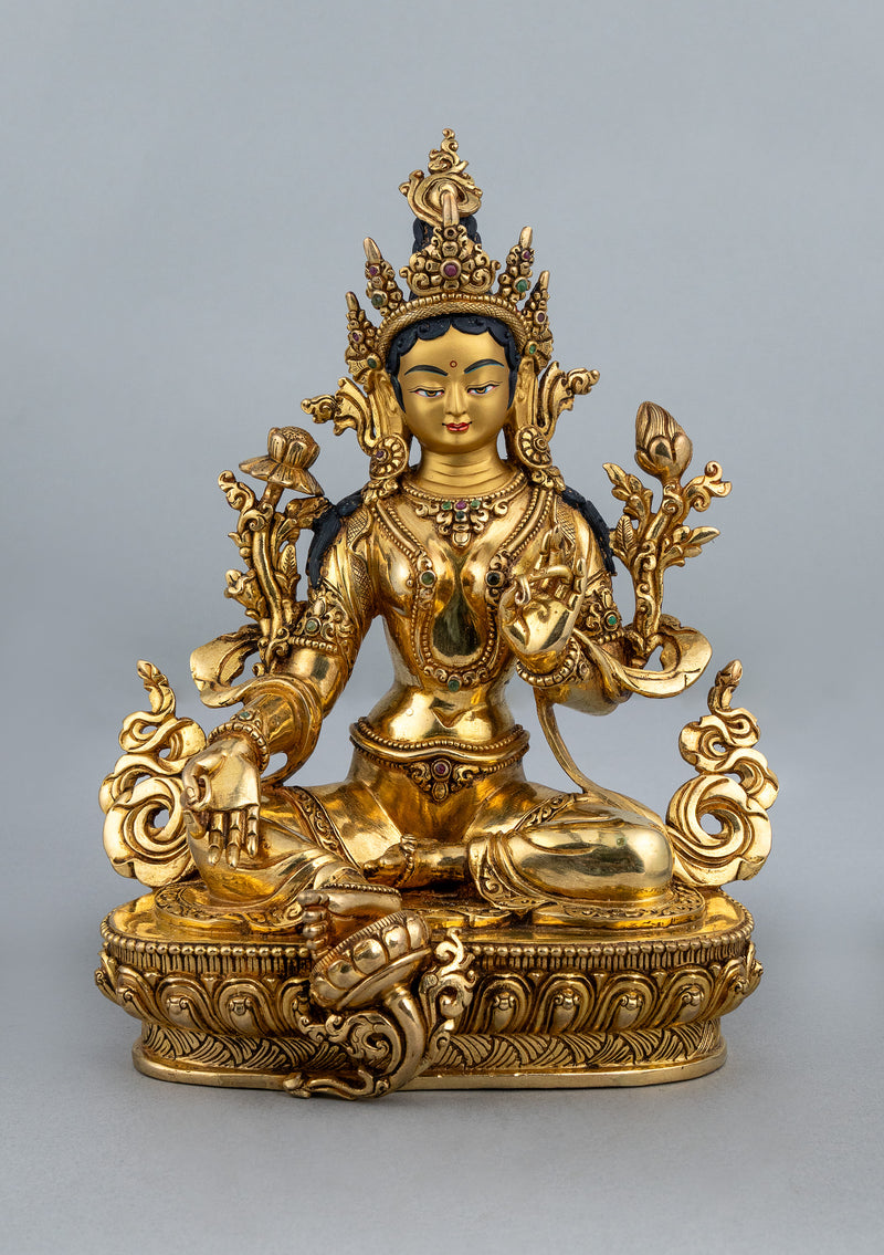 Fully Gold Plated Green Tara Statue with Stone Inlays 9.5"H