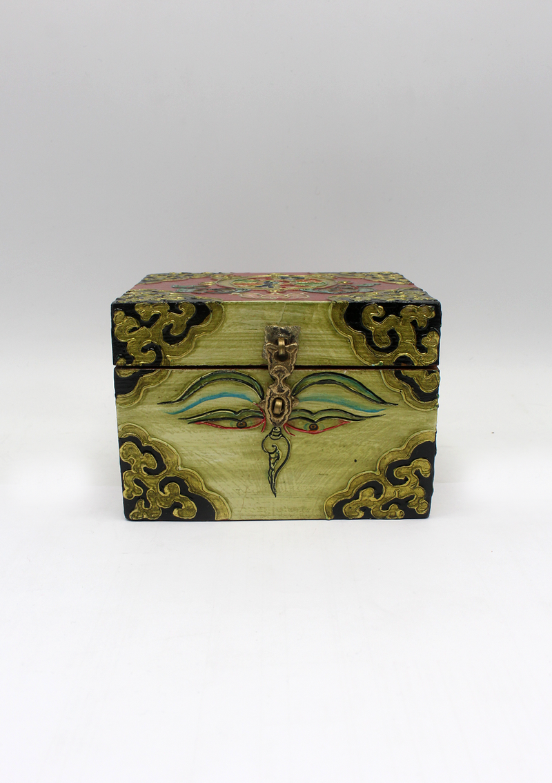 Handpainted Tibetan Wooden Boxes with Dharmachakra- Small