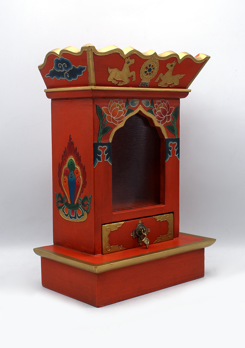 The Three Jewels Tibetan Wooden Shrine Altar Box with Glass
