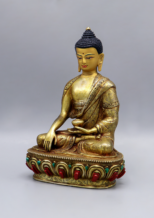 Fully Gold Plated Stone Inlaid Shakyamuni Buddha Statue