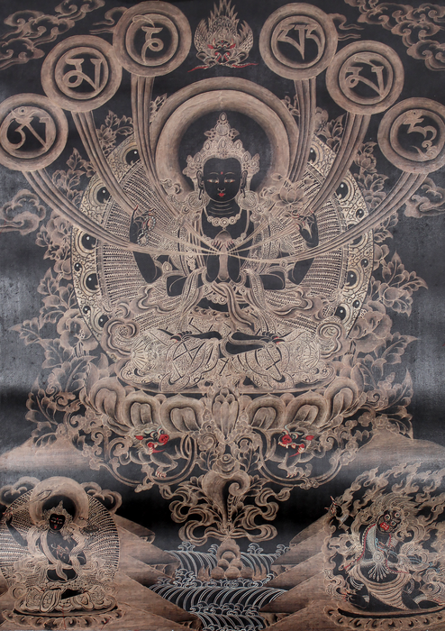 Chenrezig with OM Mani Mantra Brocade Thangka Painting