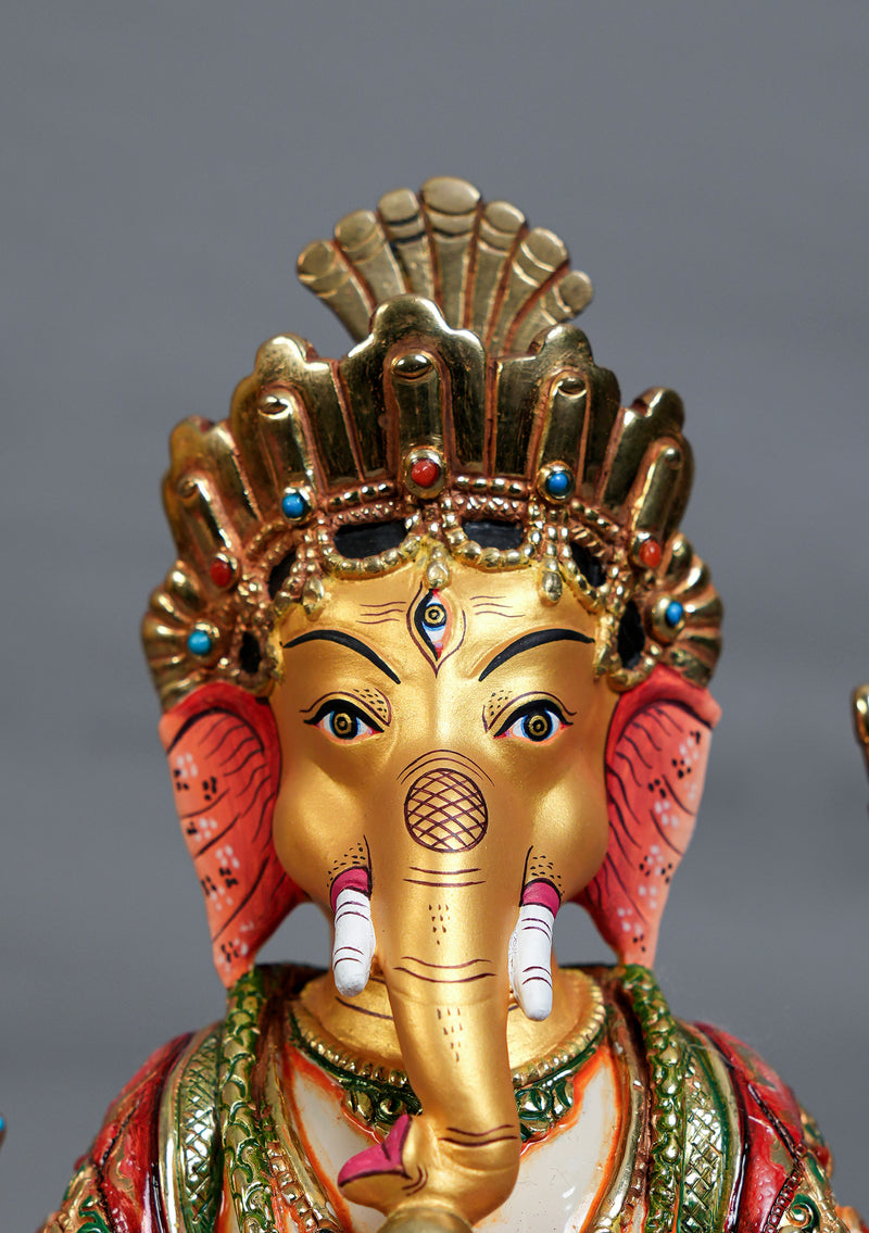 9" Handpainted Ganesh Statue – Partly Gold Plated Copper, Patan Nepal