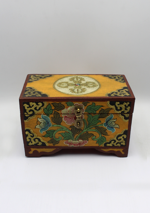 Handpainted Tibetan Double Dorjee Wooden Box with Flower- Large