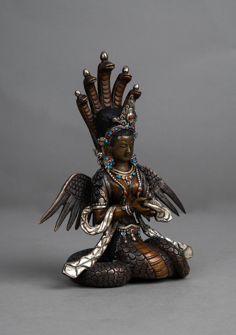 Copper Nagakanya Statue with Silver Highlights 9" H